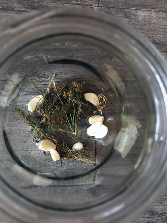 a can of dill and garlic prepared for picklingの写真素材