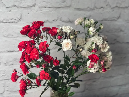 white and red roses in a vase on a tableの写真素材