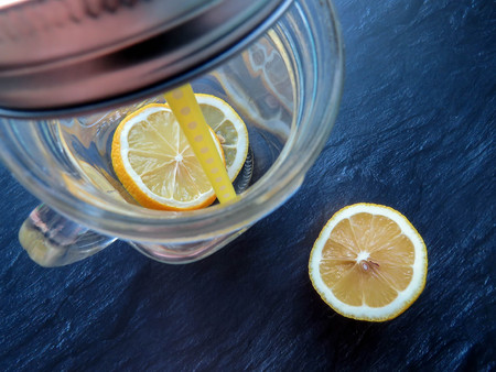 a jar with a refreshing lemonade and mintの写真素材