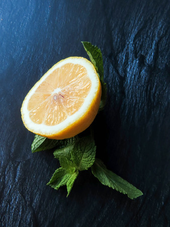 a slice of lemon and sprig of mintの写真素材