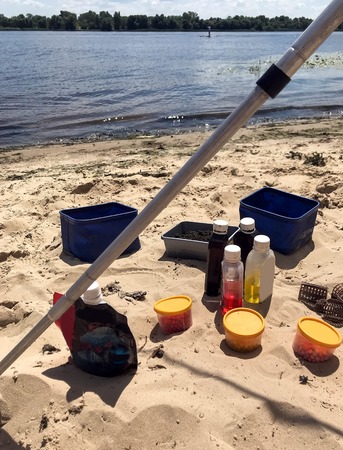 the summer fishing on the river in the beachの写真素材