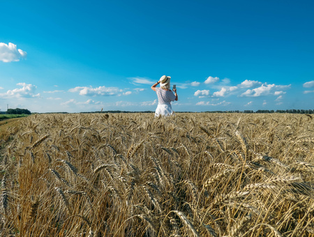 Girl in a bright dress and hat in wheat fieldの写真素材