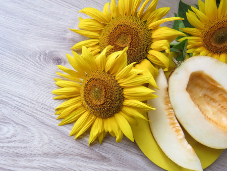 The melon in a plate on a table with sunflowersの写真素材