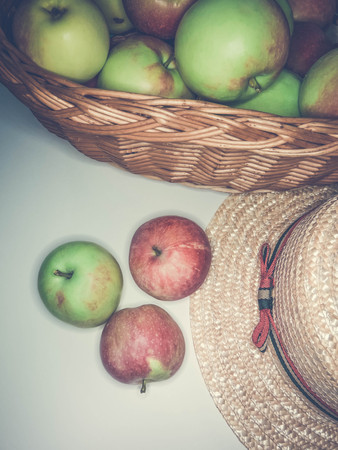 ripe apples and hat. healthy eating. eco-friendly products. organic fruits. copy space. Organic Food. Style Top View Group Objects Flatlayの写真素材