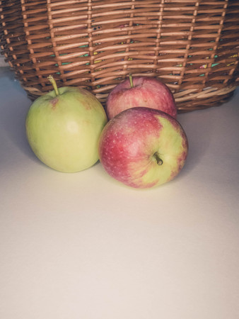 ripe apples in a basket. healthy eating. eco-friendly products. organic fruits. copyspace. Organic Food. Style Top View Group Objectsの写真素材