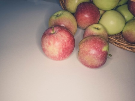 ripe apples in a basket. healthy eating. eco-friendly products. organic fruits. copyspace. Organic Food. Style Top View Group Objectsの写真素材