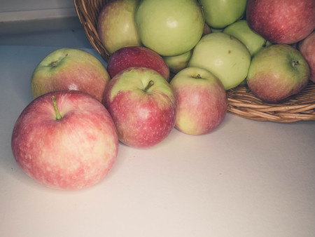 ripe apples in a basket. healthy eating. eco-friendly products. organic fruits. copyspace. Organic Food. Style Top View Group Objectsの写真素材