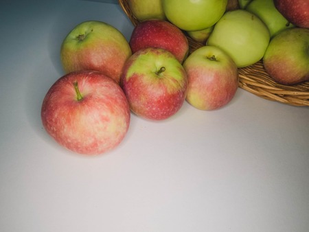 ripe apples in a basket. healthy eating. eco-friendly products. organic fruits. copyspace. Organic Food. Style Top View Group Objectsの写真素材