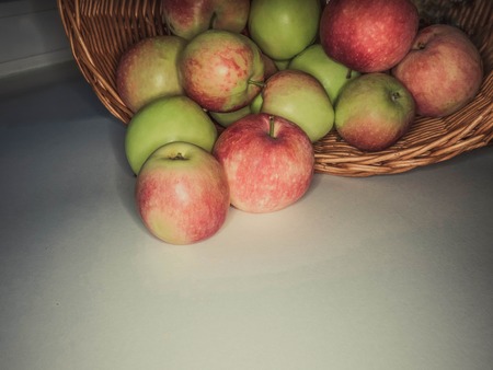 ripe apples in a basket. healthy eating. eco-friendly products. organic fruits. copyspace. Organic Food. Style Top View Group Objectsの写真素材