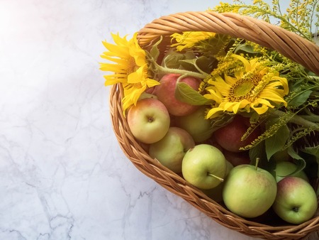 ripe apples in a basket. healthy eating. eco-friendly products. organic fruits. copyspace. Organic Food. Style Top View Group Objectsの写真素材