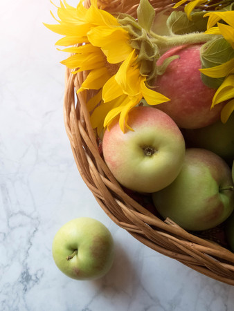 ripe apples in a basket. healthy eating. eco-friendly products. organic fruits. Organic Food. Style Top View Group Objectsの写真素材