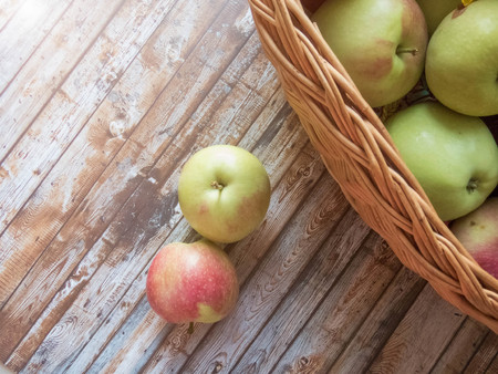 ripe apples in a basket. healthy eating. eco-friendly products. organic fruits. copyspace. Organic Food. Style Top View Group Objectsの写真素材