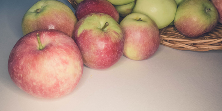 ripe apples in a basket. healthy eating. eco-friendly products. organic fruits. Organic Food. Style Top View Group Objectsの写真素材