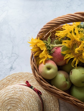 ripe apples in a basket and hat. healthy eating. eco-friendly products. organic fruits. copy space. Organic Food. Style Top View Group Objects Flatlayの写真素材