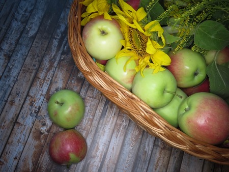 ripe apples in a basket. healthy eating. eco-friendly products. organic fruits. Organic Food. Style Top View Group Objectsの写真素材