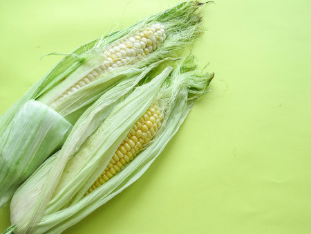 ripe natural corn cobs. healthy eating. eco-friendly products. Organic Food. Style Top View Group Objects. copy spaseの写真素材
