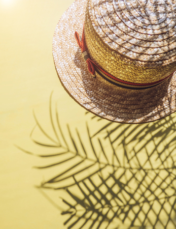 Holiday, vacation tropical beach from above - palm tree leaves and a straw hat. seashells. Style Top View Group Objectsの写真素材