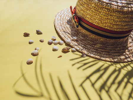 Holiday, vacation tropical beach from above - palm tree leaves and a straw hat. seashells. Style Top View Group Objectsの写真素材