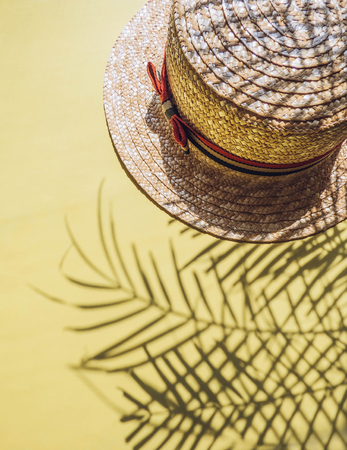 Holiday, vacation tropical beach from above - palm tree leaves and a straw hat. seashells. Style Top View Group Objectsの写真素材