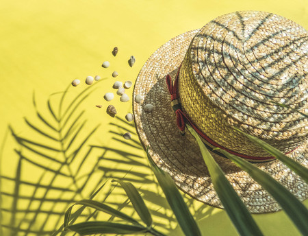 Holiday, vacation tropical beach from above - palm tree leaves and a straw hat. seashells. Style Top View Group Objectsの写真素材