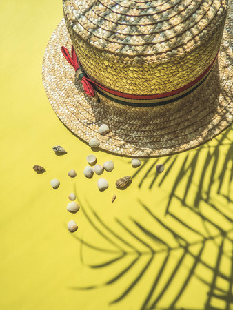 Holiday, vacation tropical beach from above - palm tree leaves and a straw hat. seashells. Style Top View Group Objectsの写真素材