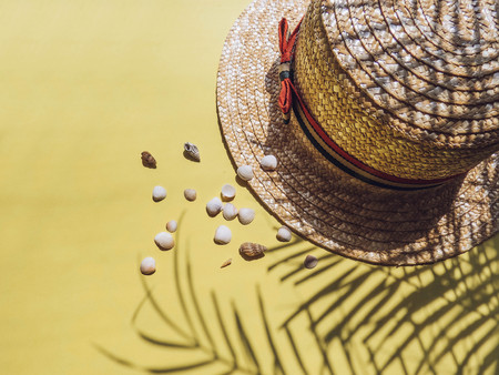 Holiday, vacation tropical beach from above - palm tree leaves and a straw hat. seashells. Style Top View Group Objectsの写真素材