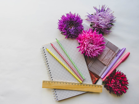 Back to school concept on white background. minimal concept, top view, copy space for your textの写真素材
