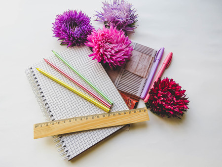 Back to school concept on white background. minimal concept, top view, copy space for your textの写真素材