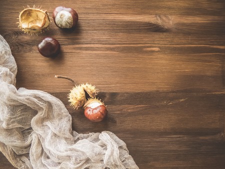 Ripe chestnuts on old wooden table close up with copy space. autumn background copy space. group of objects. Style Top Viewの写真素材