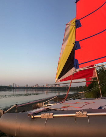 scarlet sails on a summer morning on the river summer background nature Styleの写真素材