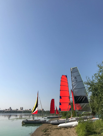 scarlet sails on a summer morning on the river summer background nature Styleの写真素材