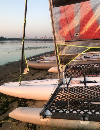 scarlet sails on a summer morning on the river summer background nature Styleの写真素材