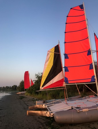 scarlet sails on a summer morning on the river summer background nature Styleの写真素材