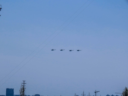 Aviation demonstration performances demonstration of aviation helicopters fly in the sky Style group of objectsの写真素材
