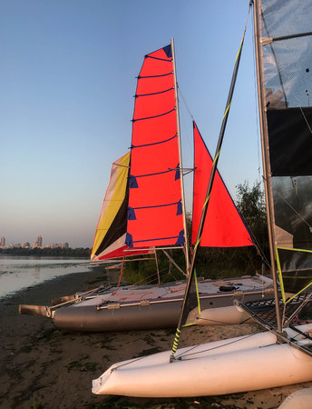 scarlet sails on a summer morning on the river summer background nature Styleの写真素材