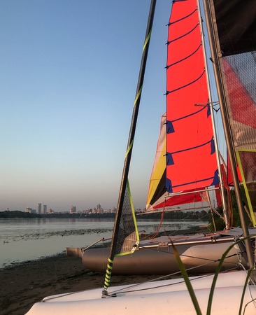 scarlet sails on a summer morning on the river summer background nature Styleの写真素材