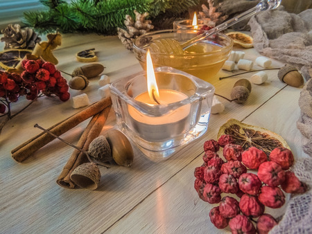 autumn still life with honey, Rowan, marshmallows, pine and cones, lemon, leaves, on white wooden background top view. object groupの写真素材