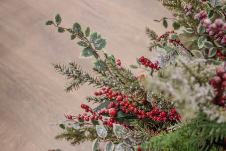 Christmas attributes pine cone and holly berries on the Christmas-tree branch. group of objectsの写真素材