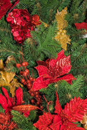 Christmas tree with red gold ornaments, Gold and red Christmas toys decor for the Christmas tree group of objectsの写真素材