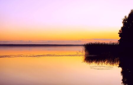 Landscape with sunset on the lake, clouds and rush are reflected in waterの写真素材