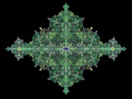 Ornamental fractal pattern in green and blue colors on the blackの写真素材