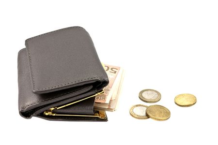 Single gray leather wallet with coins  on wihiteの写真素材