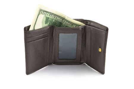 Single gray leather wallet with banknotes on whiteの写真素材