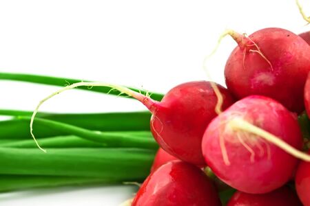 Radish and onion  on the white backgroundの写真素材