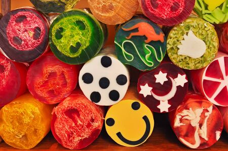 Various kinds of handmade soap in the marketの写真素材