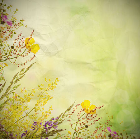 Bouquet of summer meadow flowers  with copy space,  floral grunge textured backgroundの写真素材