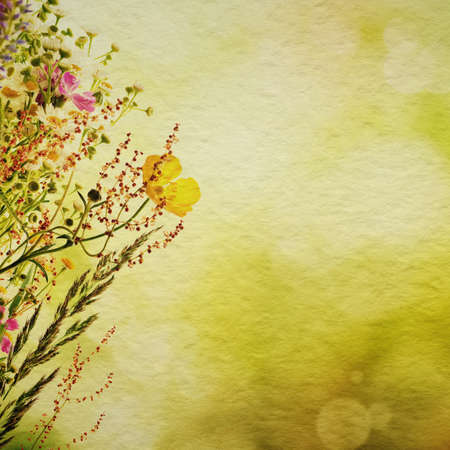 Bouquet of summer meadow flowers  with copy space,  floral grunge textured backgroundの写真素材