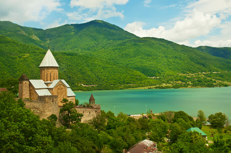 Green caucasus  mountains landscape in Georgia with monasteryのeditorial素材