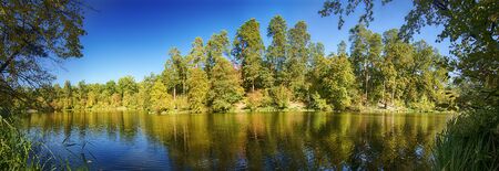 Panoramic view of the lake with autumn yellow and green trees, natural seasonal backgroundの写真素材