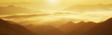 Carpathian mountains summer golden sunrise landscape with  foggy river - panoramic viewの写真素材